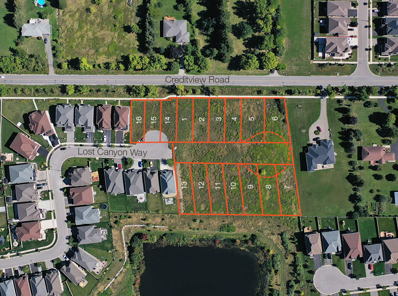 Creditview Lands Aerial view with property outline and overlay of draft plan