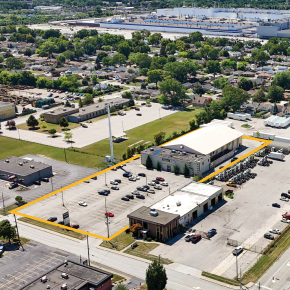 Aerial of Fit4Less retial building in Windsor with Stellantis Plant in background