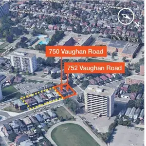 750-752 Vaughan Road Thumbnail aerial view of building location with orange outlined