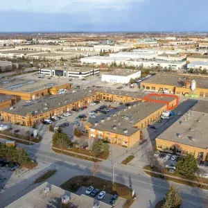 Aerial of Red Brick Industrial Complex with unit available highlighted in orange