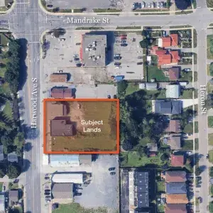 Aerial of Site at 27-29-31 Harwood Ave S, with property outlined and shaded in orange