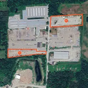 Google Earth Aerial with two land sites outlined in Orange