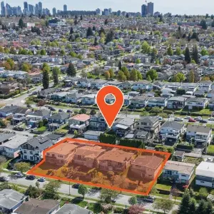 Aerial view of highlighted development site at 3014–3054 East 14th Avenue, marked by and orange boundary and location pin, surrounded by suburban homes, tree-lined streets, and distant city skyline.