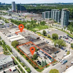 Aerial of Leaside Business Park with orange pins at the properties of 200 Wicksteed Avenue and 59 Research Road