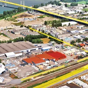 9975 199B Avenue building aerial with property highlighted and main streets indicated