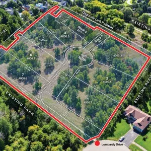 Aerial view of a proposed residential subdivision at 000 Lombardy Drive, featuring seven numbered lots, internal roads, and a cul-de-sac, outlined in red and surrounded by existing residential properties, mature trees, and parkland. The Osgoode Link Pathway runs along the northern boundary.