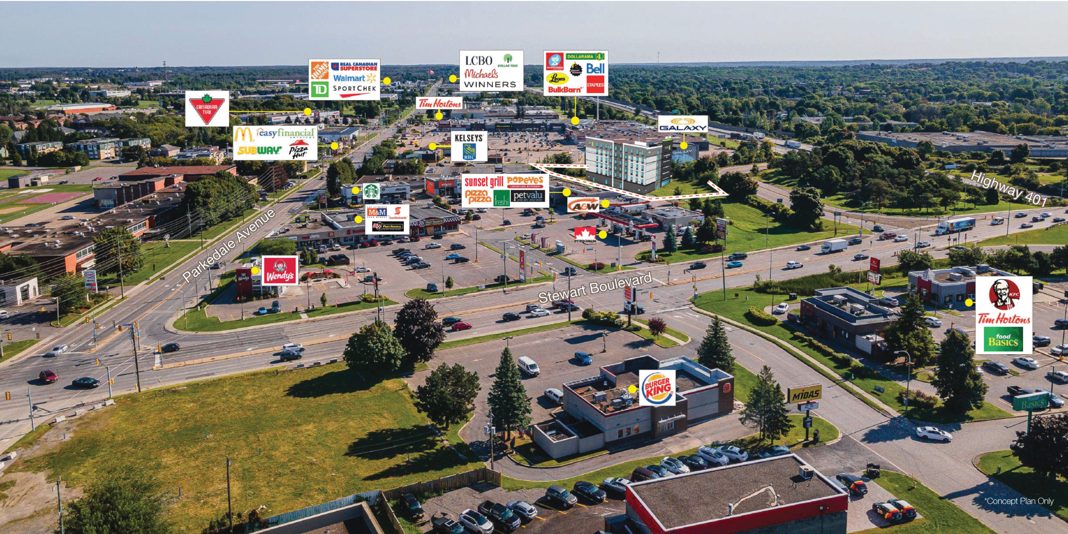 Aerial image of 2 Windsor Drive showcasing all the local businesses in the area