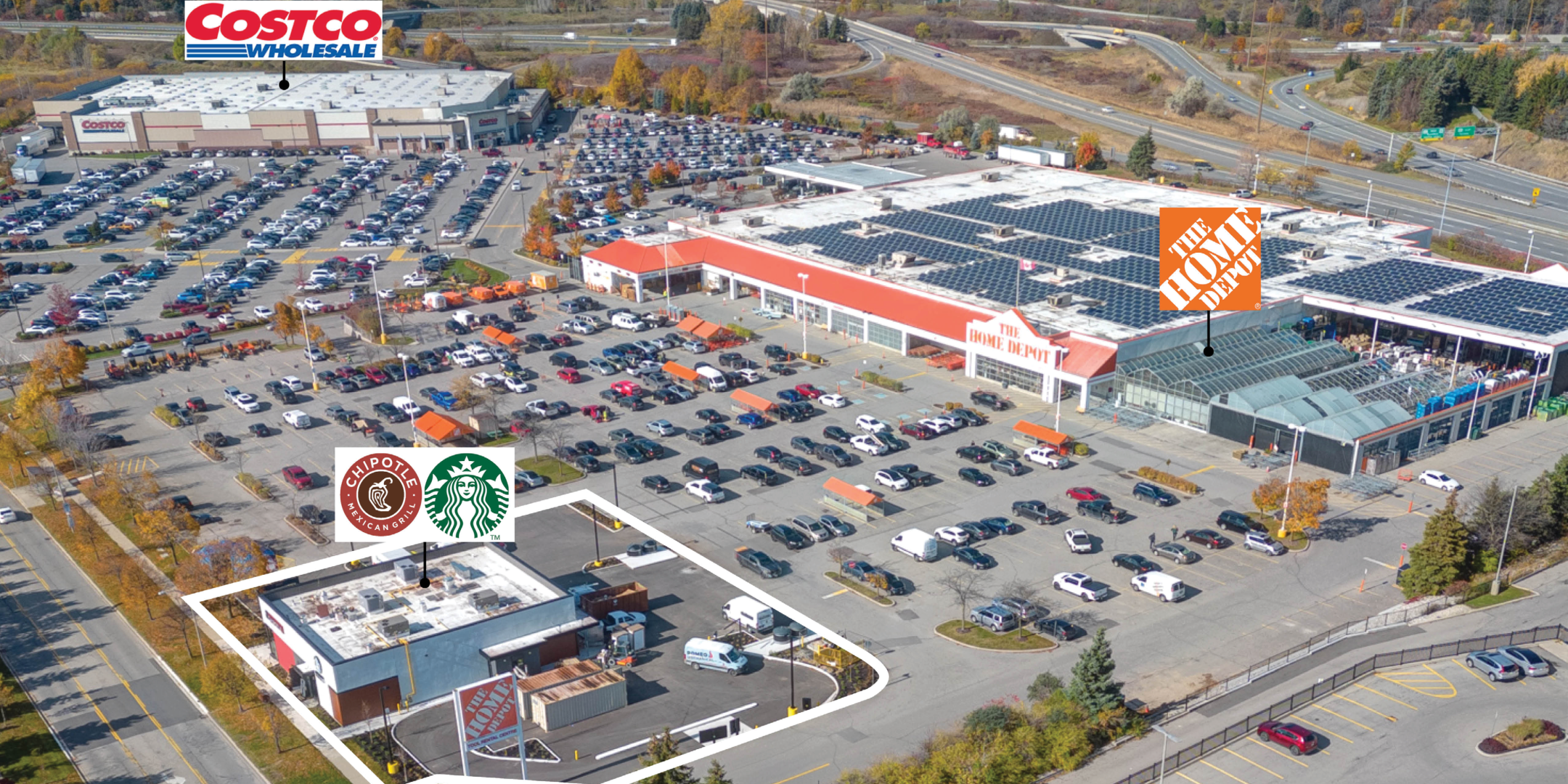 Aerial photo of 100 Martindale Crescent with property outline and showing nearby retail Costco and Home Depot