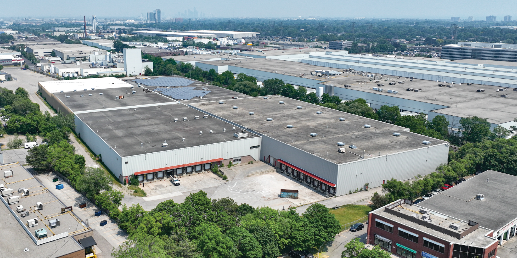 Aerial of 2550 Stanfield Road with truck level and drive in doors and rear entrance