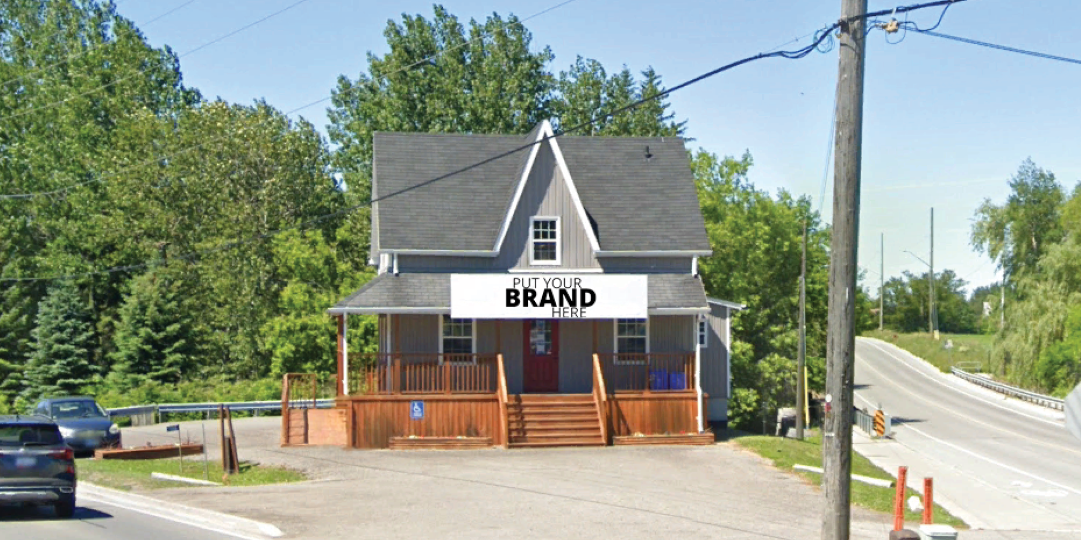 1595 Highway 7A Front of Building with Brand Sign Imposed