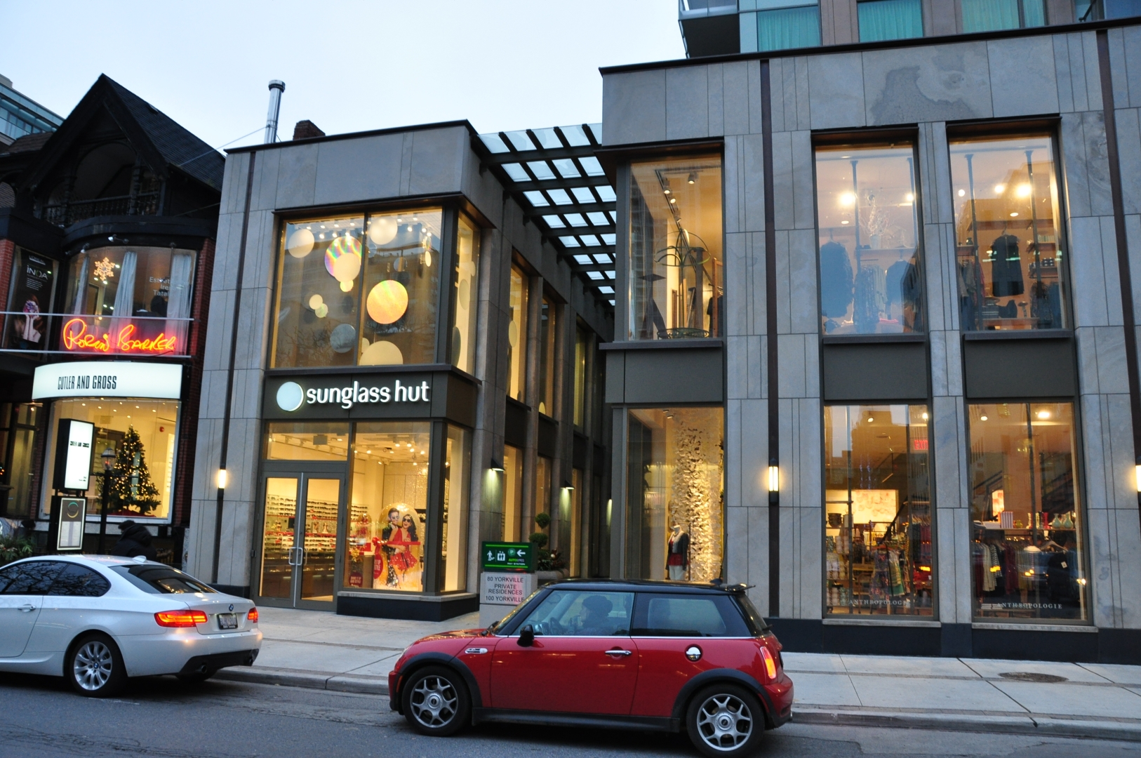 100 Yorkville Condo night view with Tenant Sunglass Hut