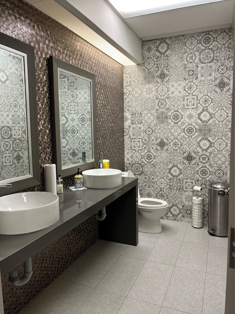 1983 Leslie Street washroom with two sinks