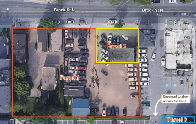 132 & 146 Aerial view of property with parcel breakdown