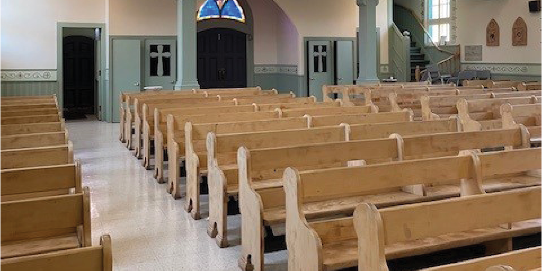 Interior view of the pews on the main floor