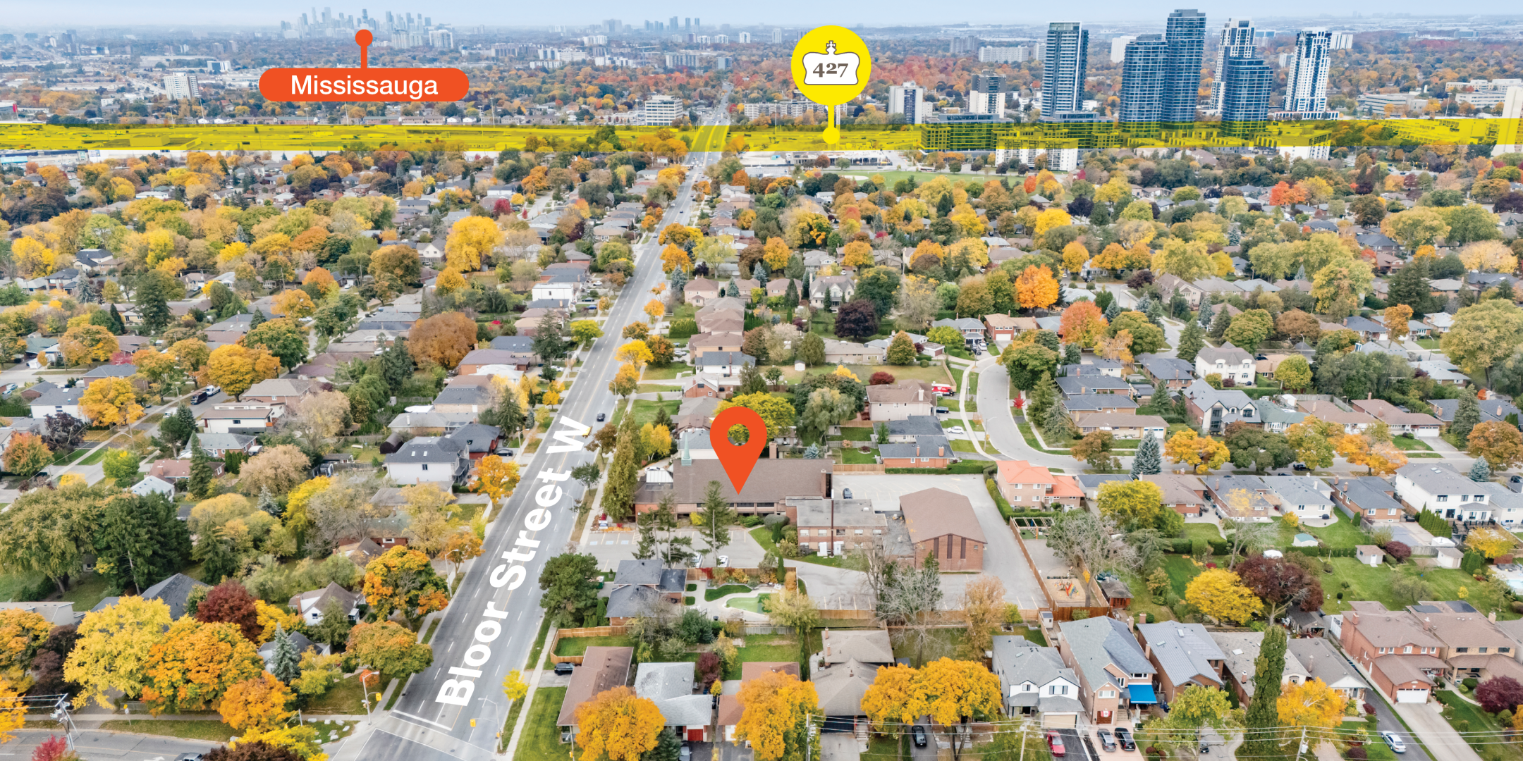 3962 Bloor Street W aerial view of neighborhood with Mississauga pin