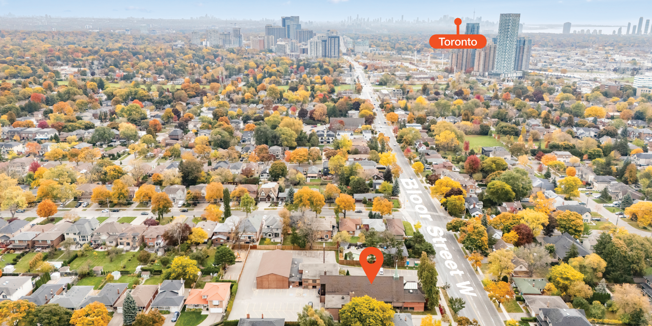 3962 Bloor Street W aerial view of neighborhood with Toronto pin