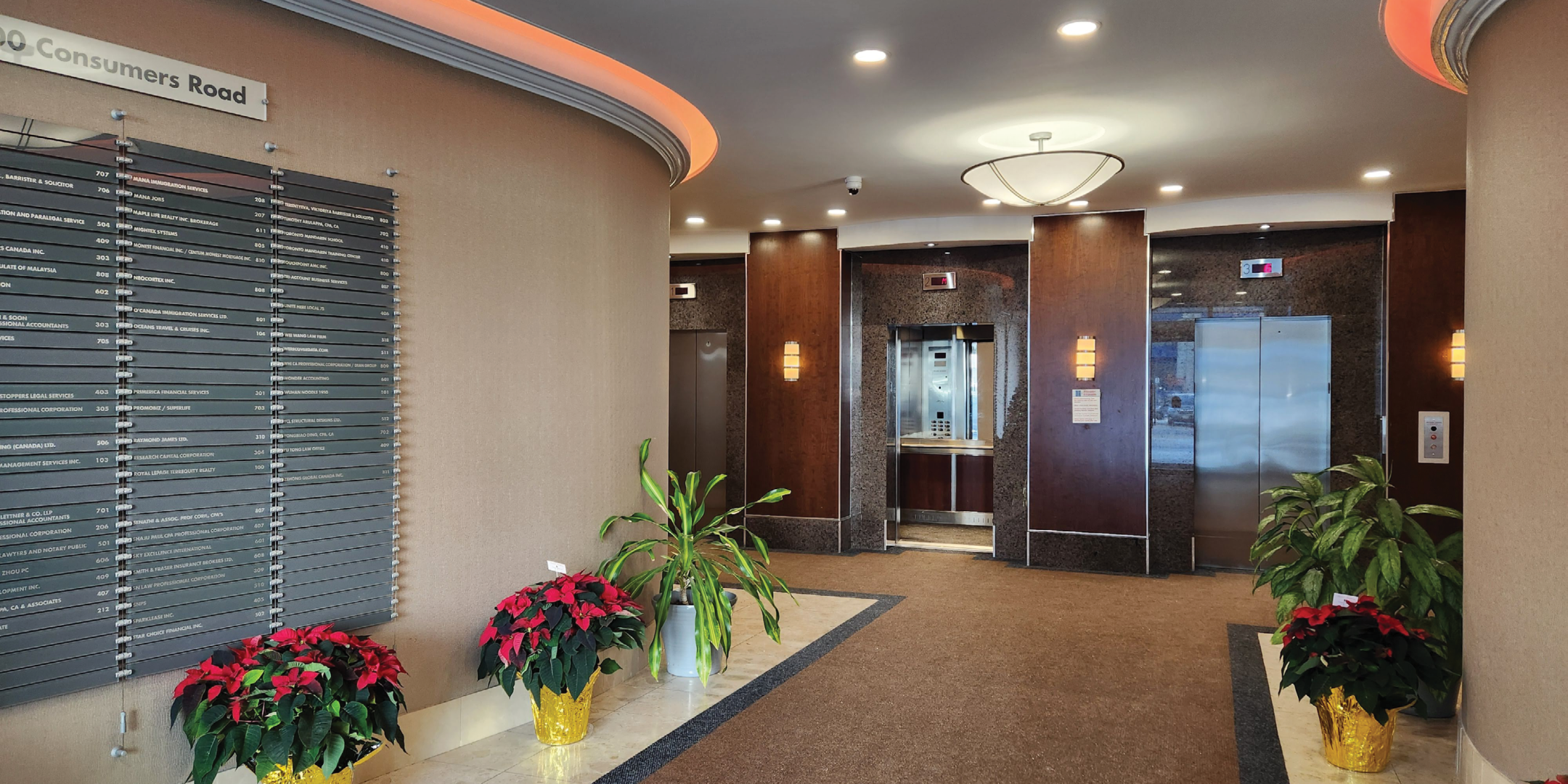 200 Consumers Road Ground Floor lobby with directory board and elevator