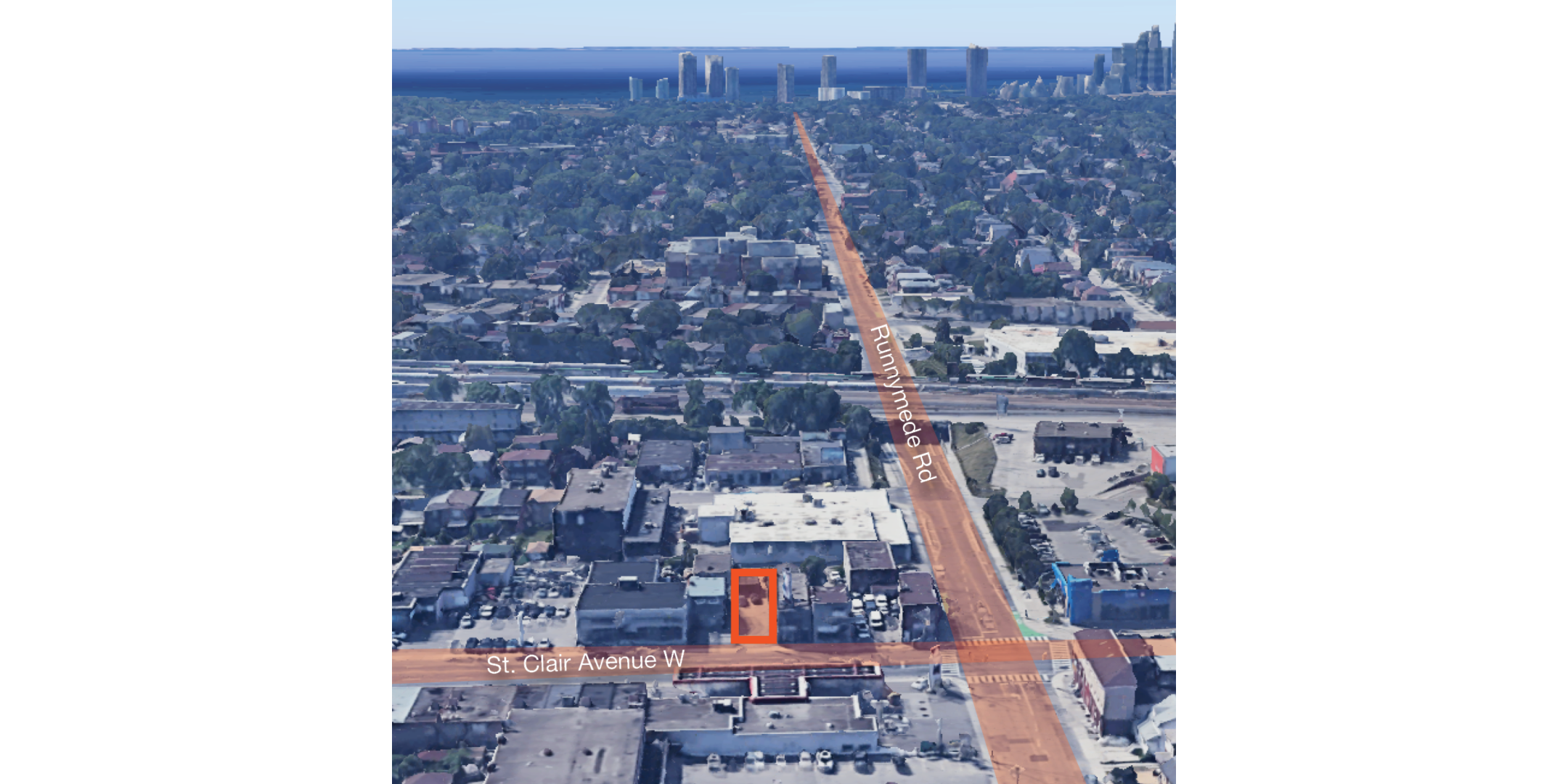 2451 St Clair Ave W aerial view with orange outlined and two main roads