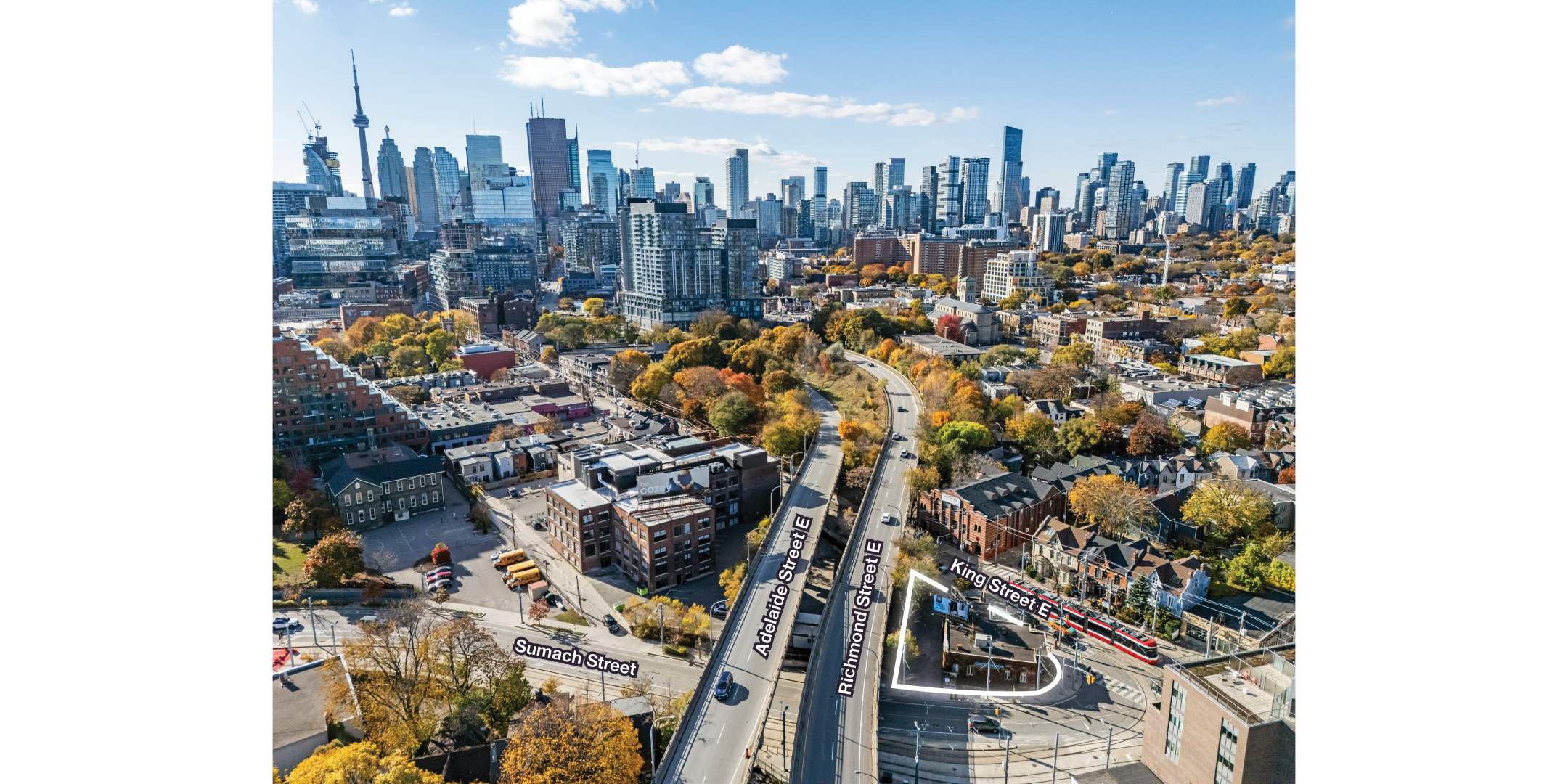 525 King Street E Property with Outline with view of downtown Toronto and CN Tower