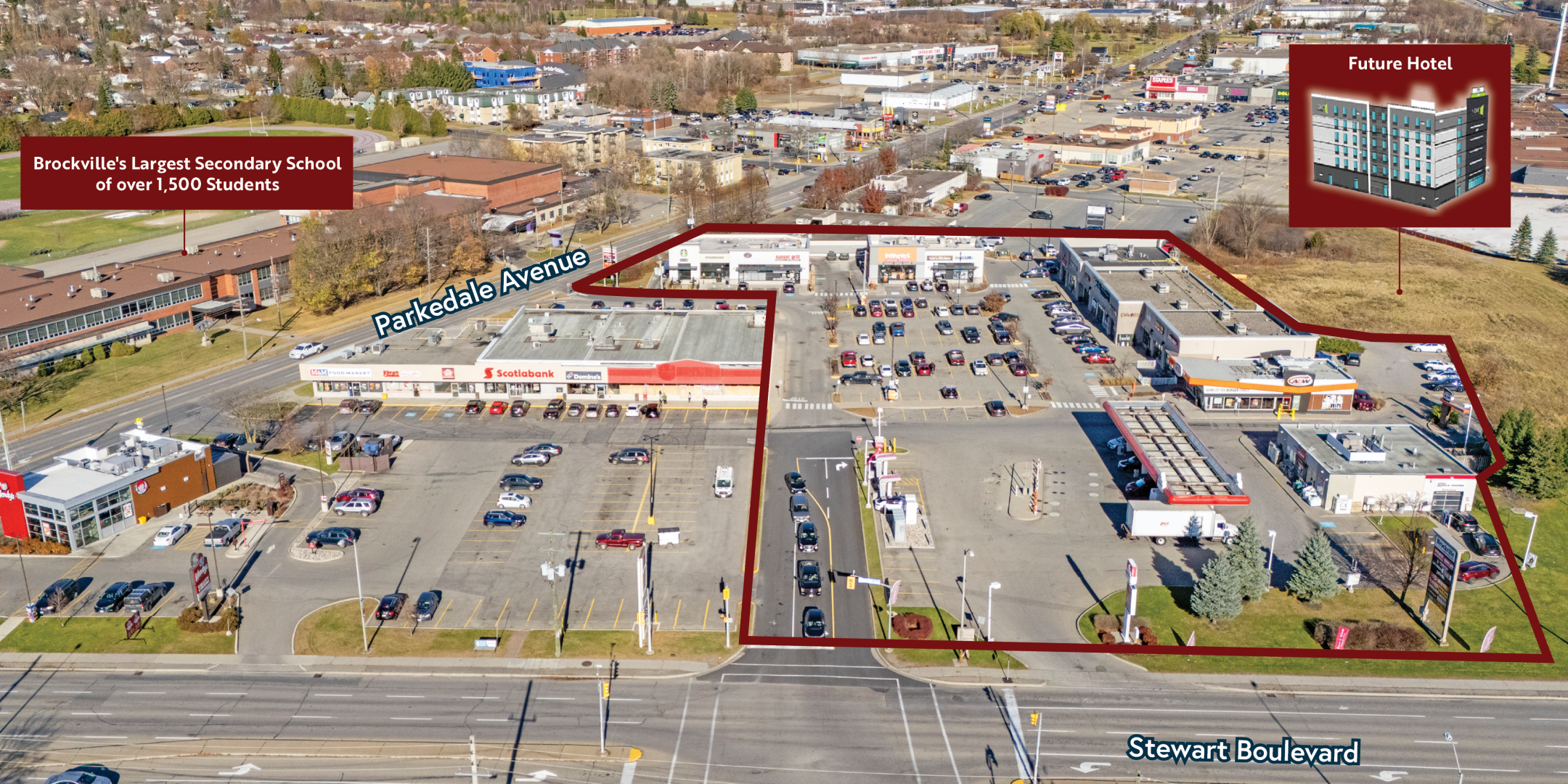 Brockville Crossroads Aerial with Property Outline, Future Hotel and School