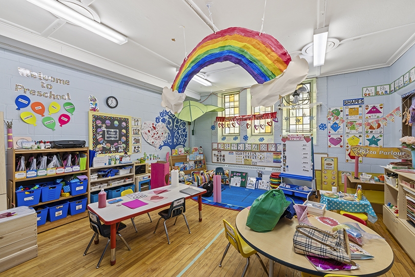 1847 Bayview Ave interior view of classroom with lots of decorations