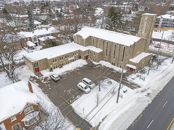 1847 Bayview Ave aerial view of the building and parking area