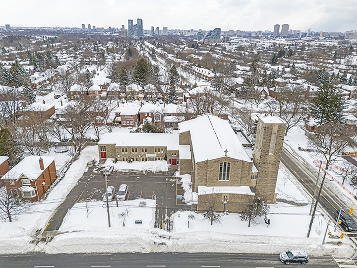 1847 Bayview Ave aerial view of the building and nearby roads