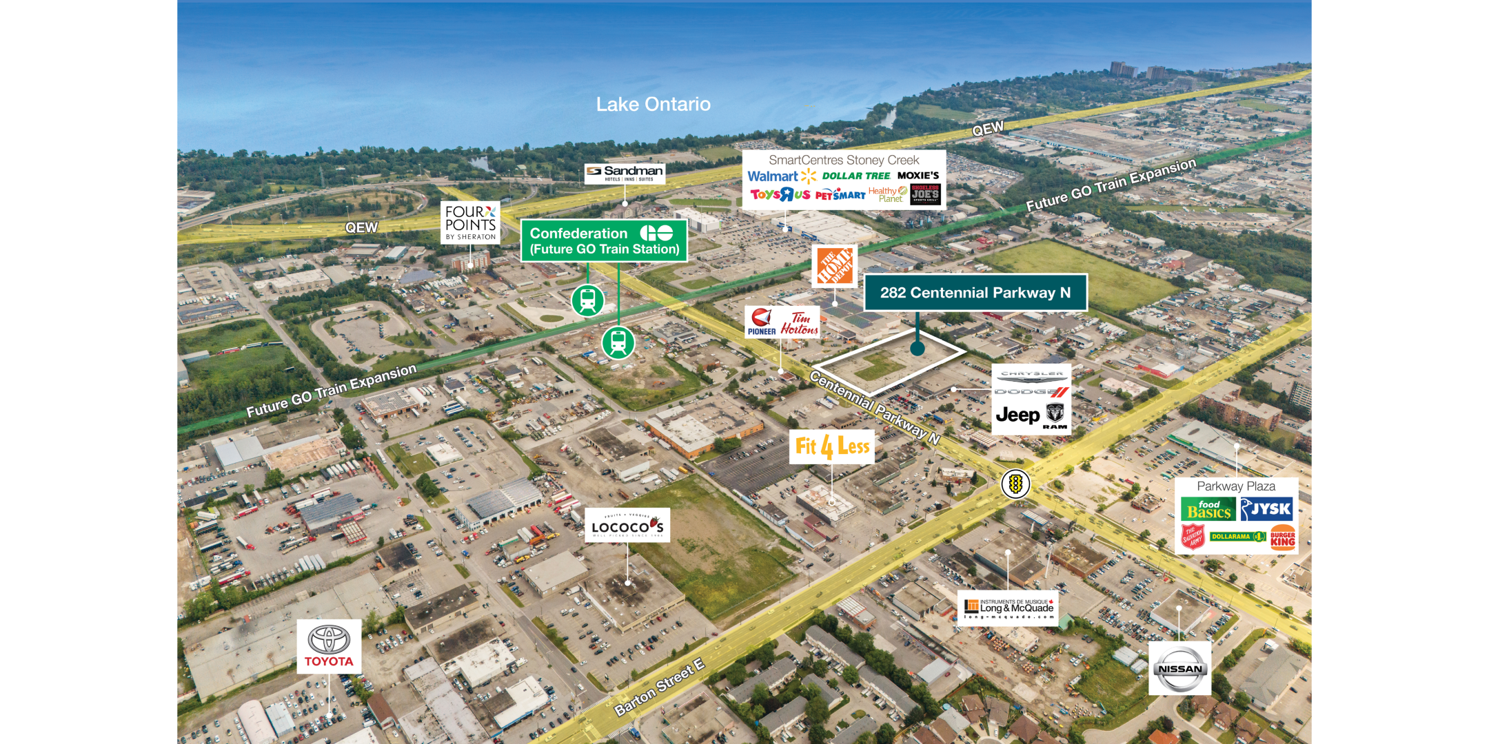 Aerial of Stoney Creek with multiple retail and amenities highlighted