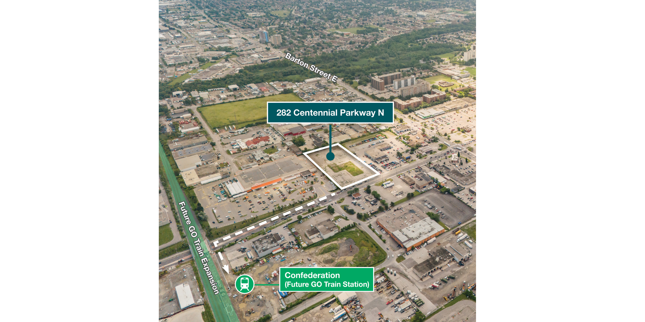 Aerial of Land Site, with connection to new GO Station highlighted
