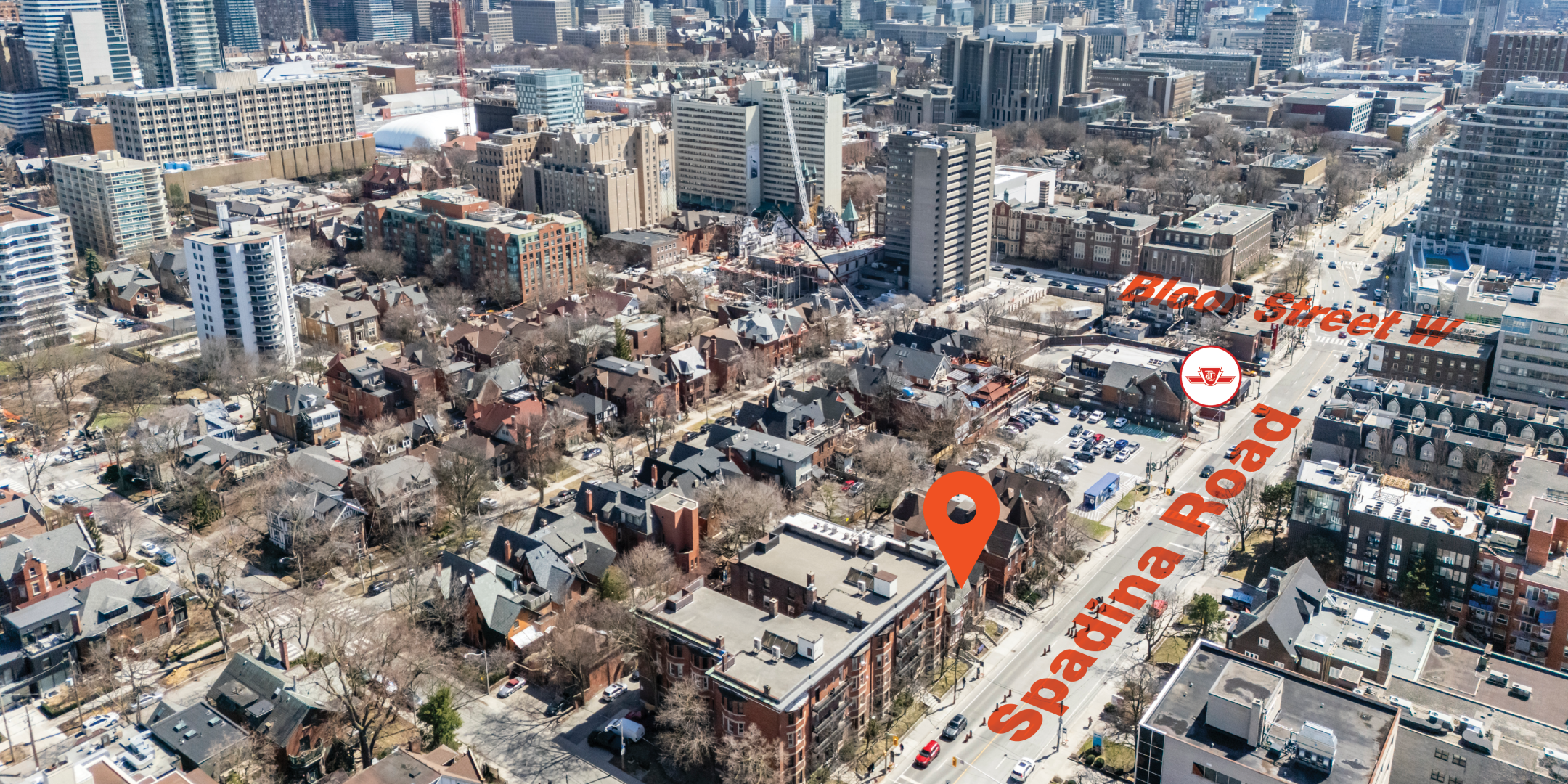 39 Spadina Road aerial shot with streets and subway