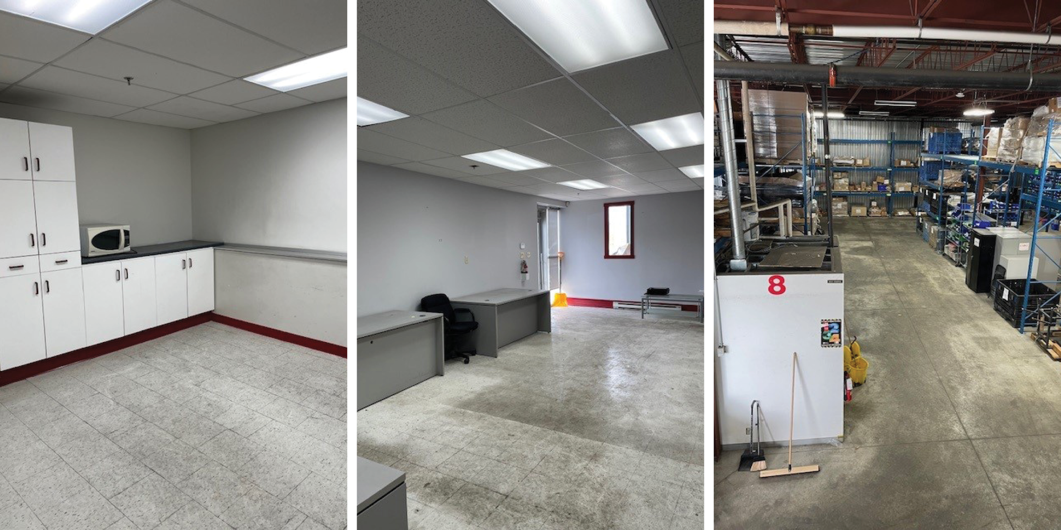 Collage of interior images of office area and warehouse area