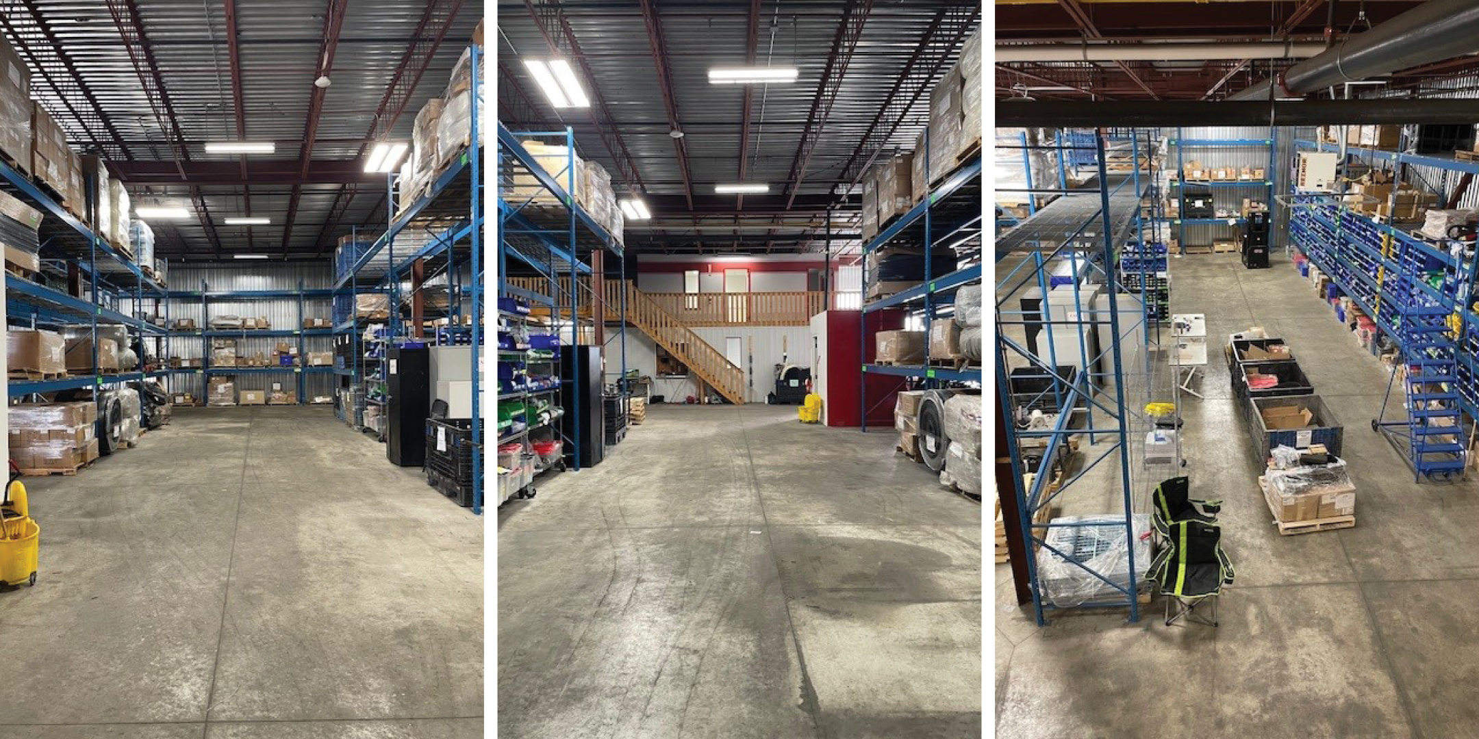 Collage of interior images of warehouse area