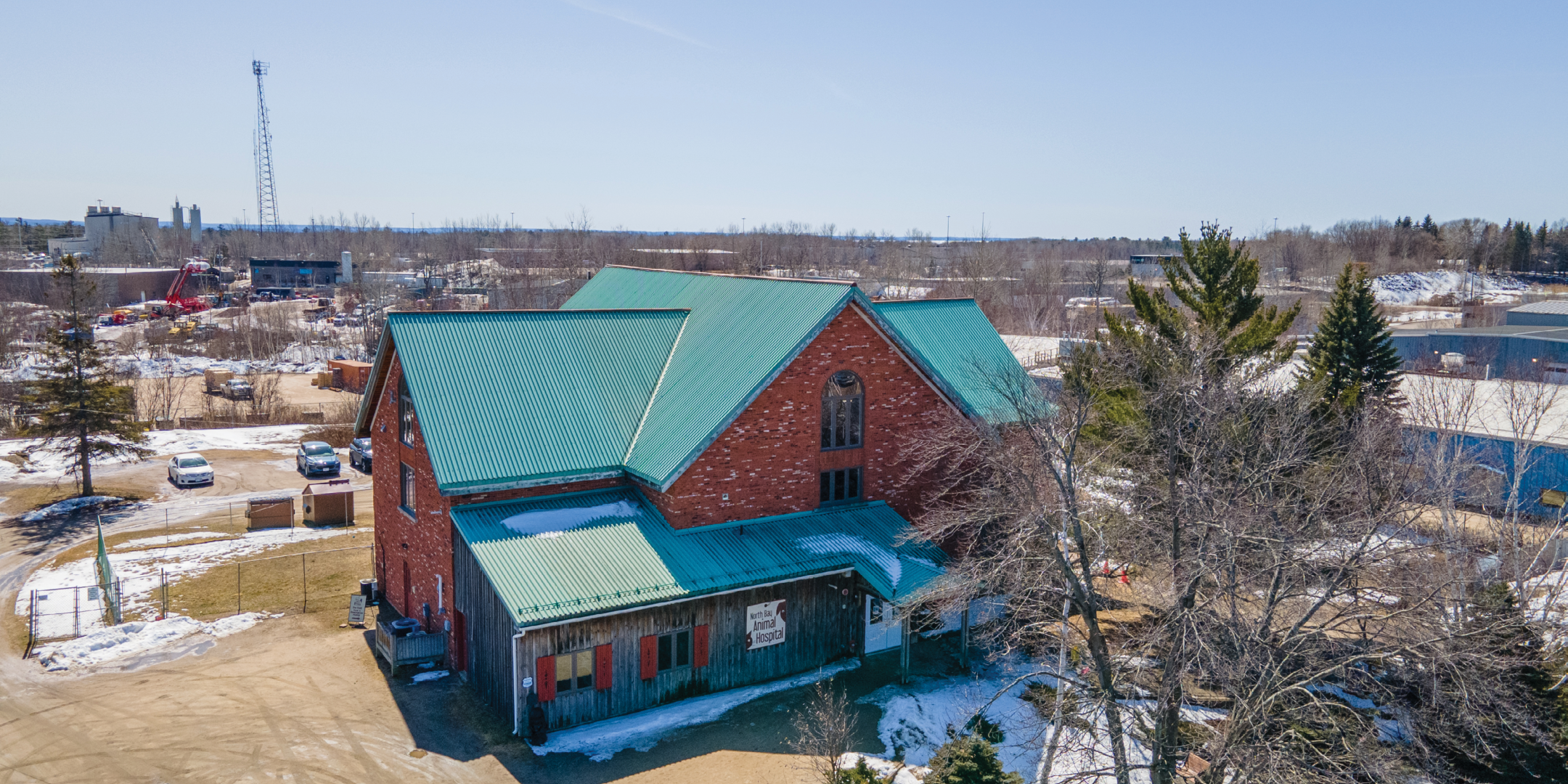 Aerial of Red Brick Farm House style Veterinary Clinic