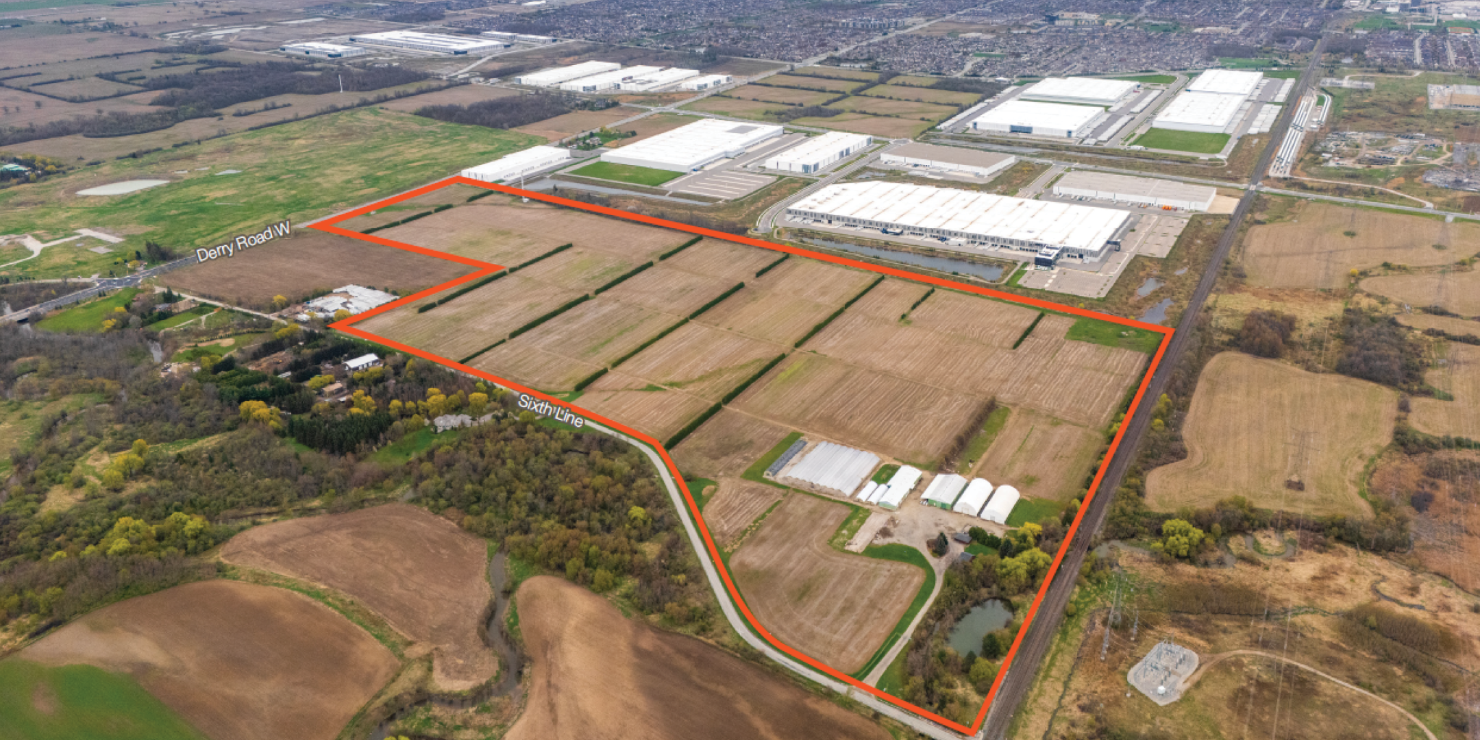 7314 Sixth Line & 11515 Derry Rd Property Outline overlooking industrial park