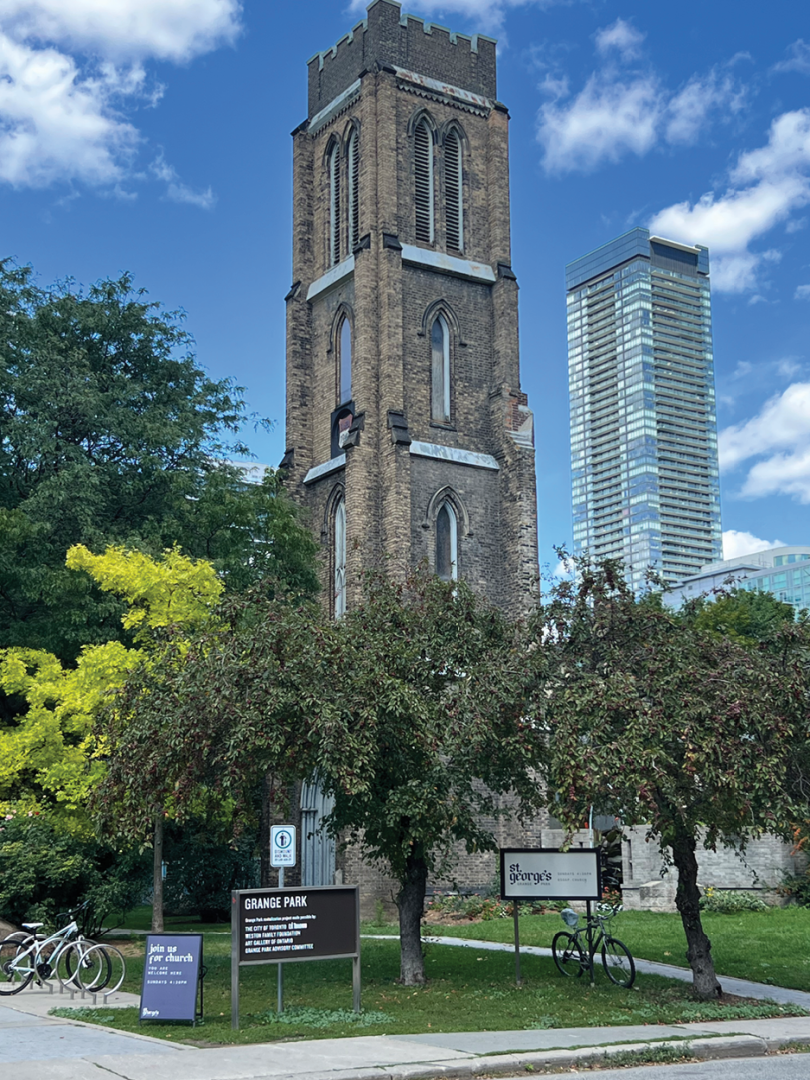191 John Street historic church tower at Grange Park surrounded by trees and signage