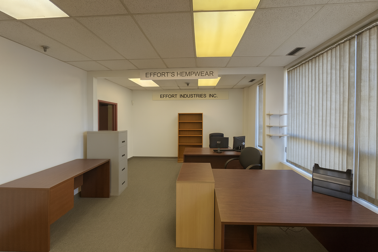 225 Nugget Avenue interior office with carpet floors, white painted walls, big window, and desks