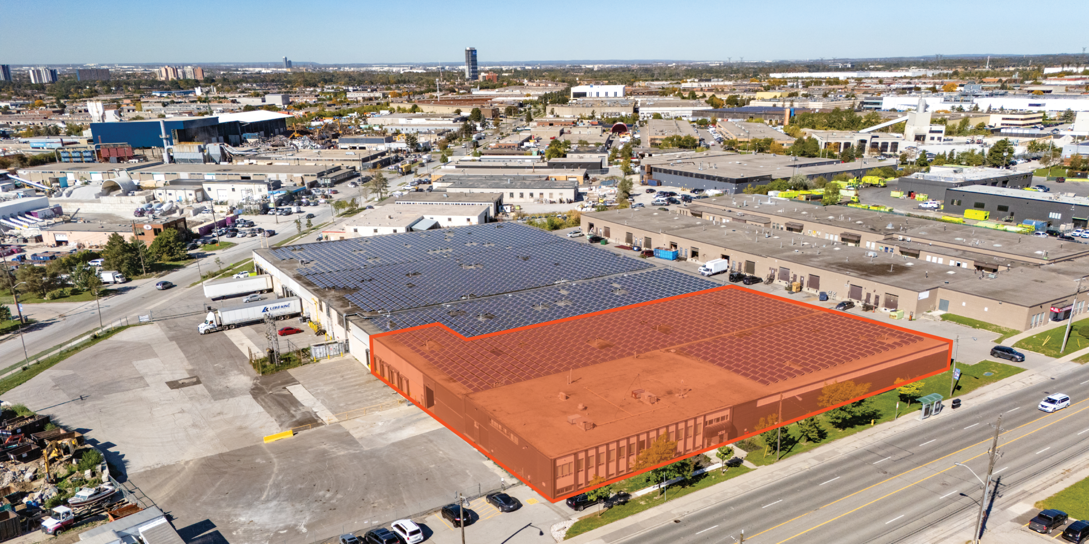3636 Weston Road aerial view of entire building and adjacent road with orange outline of the available unit 