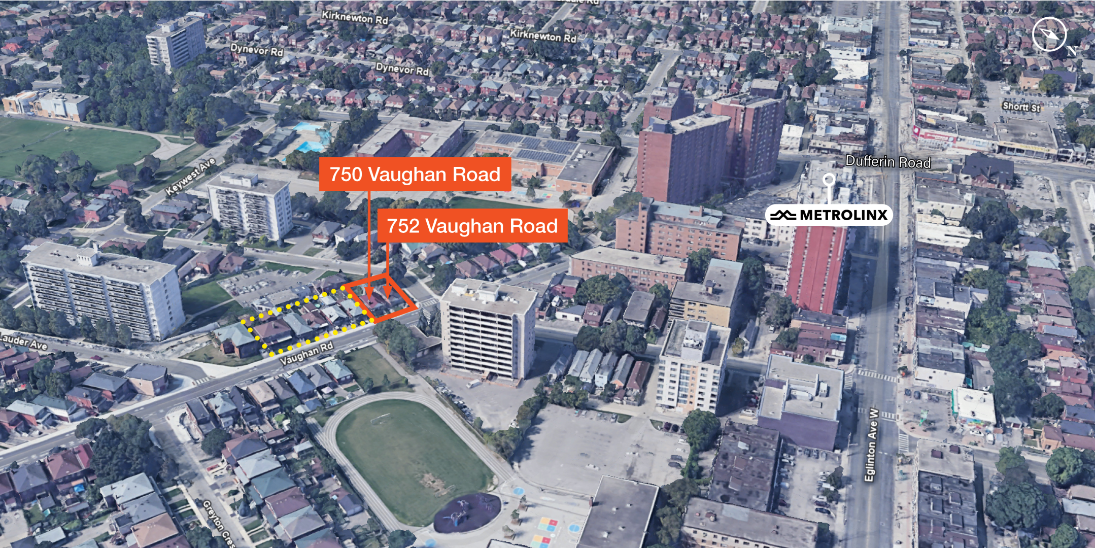 750-752 Vaughan Road aerial view highlighting 750 and 752 Vaughan Road near Dufferin Street and Eglinton Avenue West