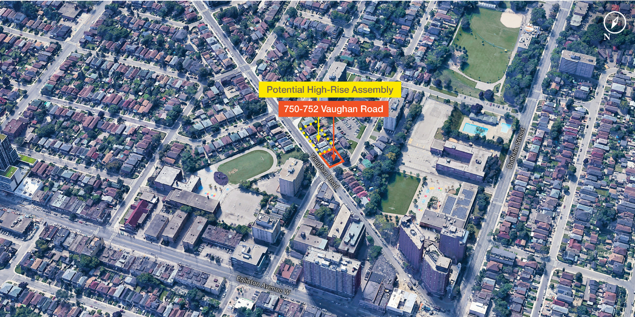750-752 Vaughan Road wider aerial map showing the 750-752 Vaughan Road site labeled as a potential high-rise assembly