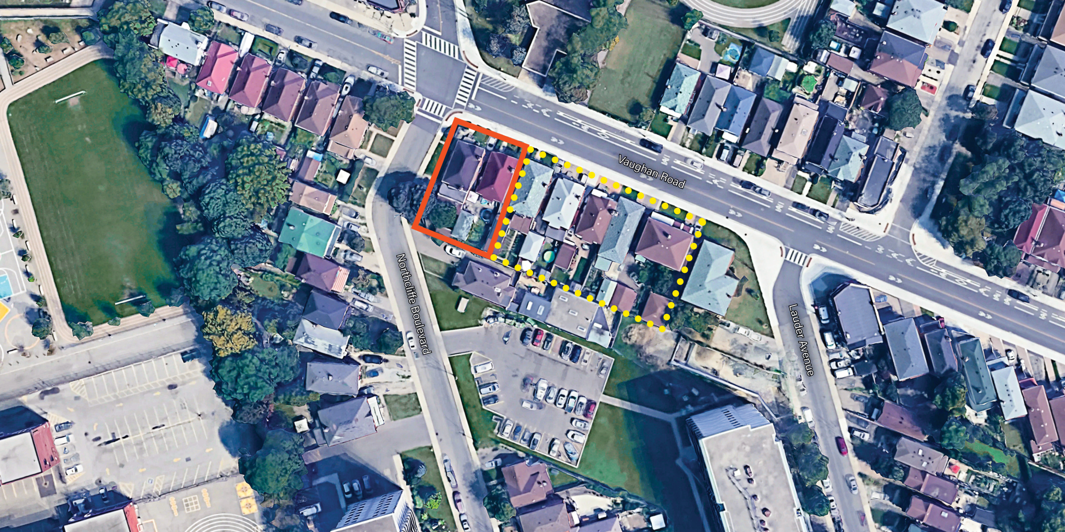 750-752 Vaughan Road close-up aerial view outlining the exact property boundaries of 750-752 Vaughan Road.