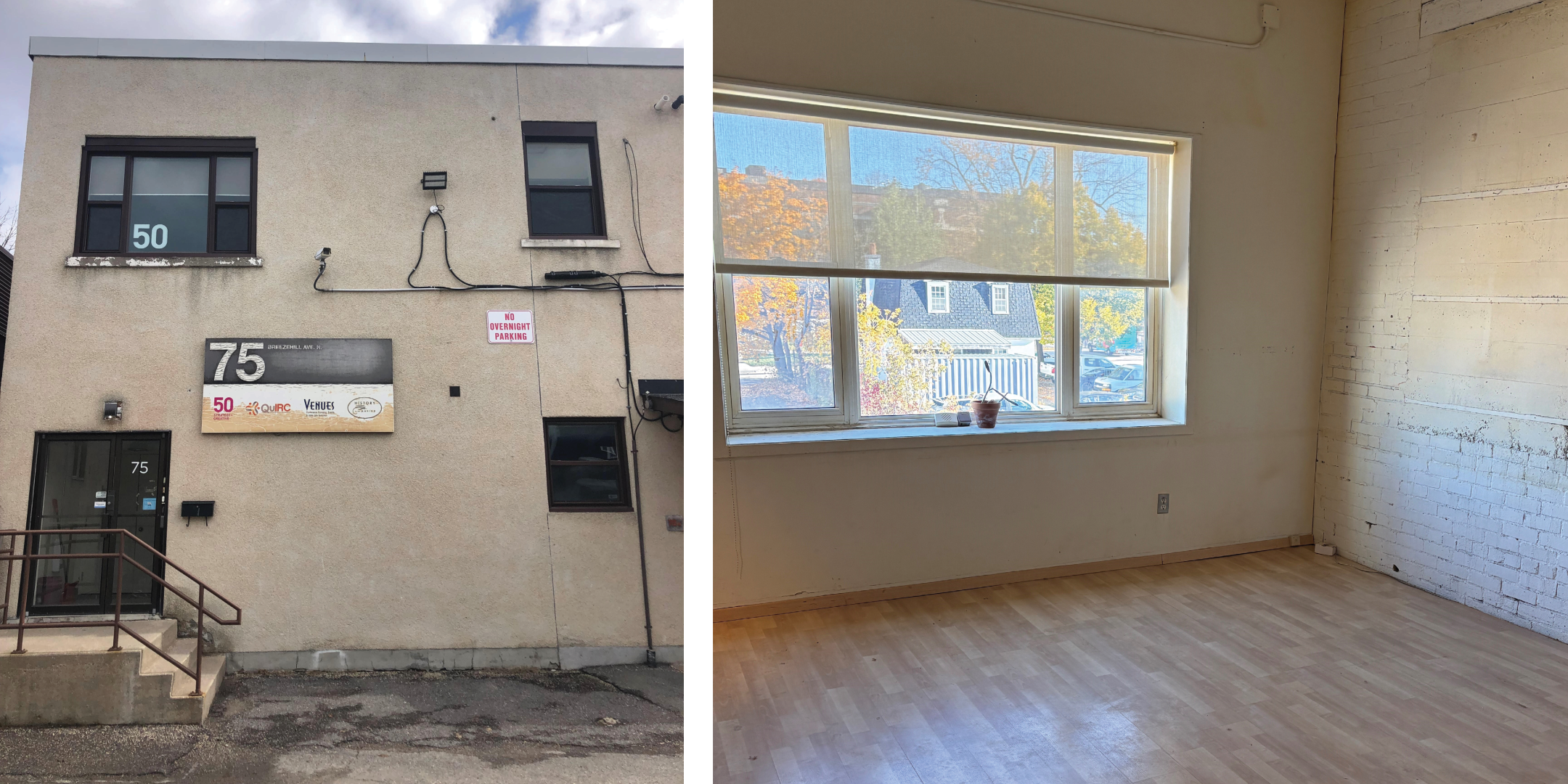 View of Unit B entrance at 75 Breezehill Avenue N and image of open office space