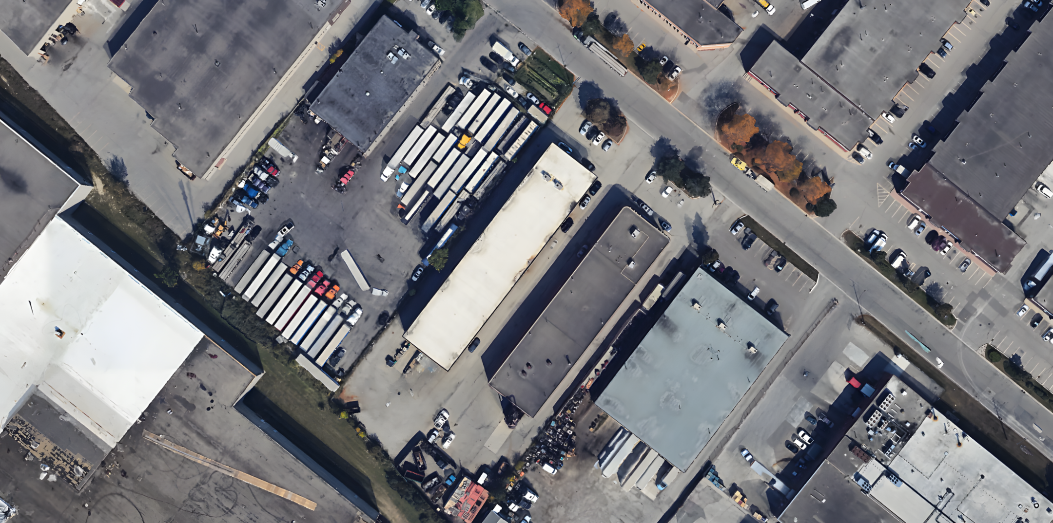 7669 Kimbel Street aerial view of building and Kimbel street as well as adjacent building 