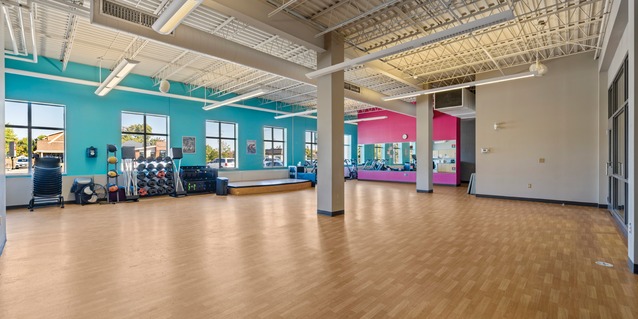 Exercise room with view of windows
