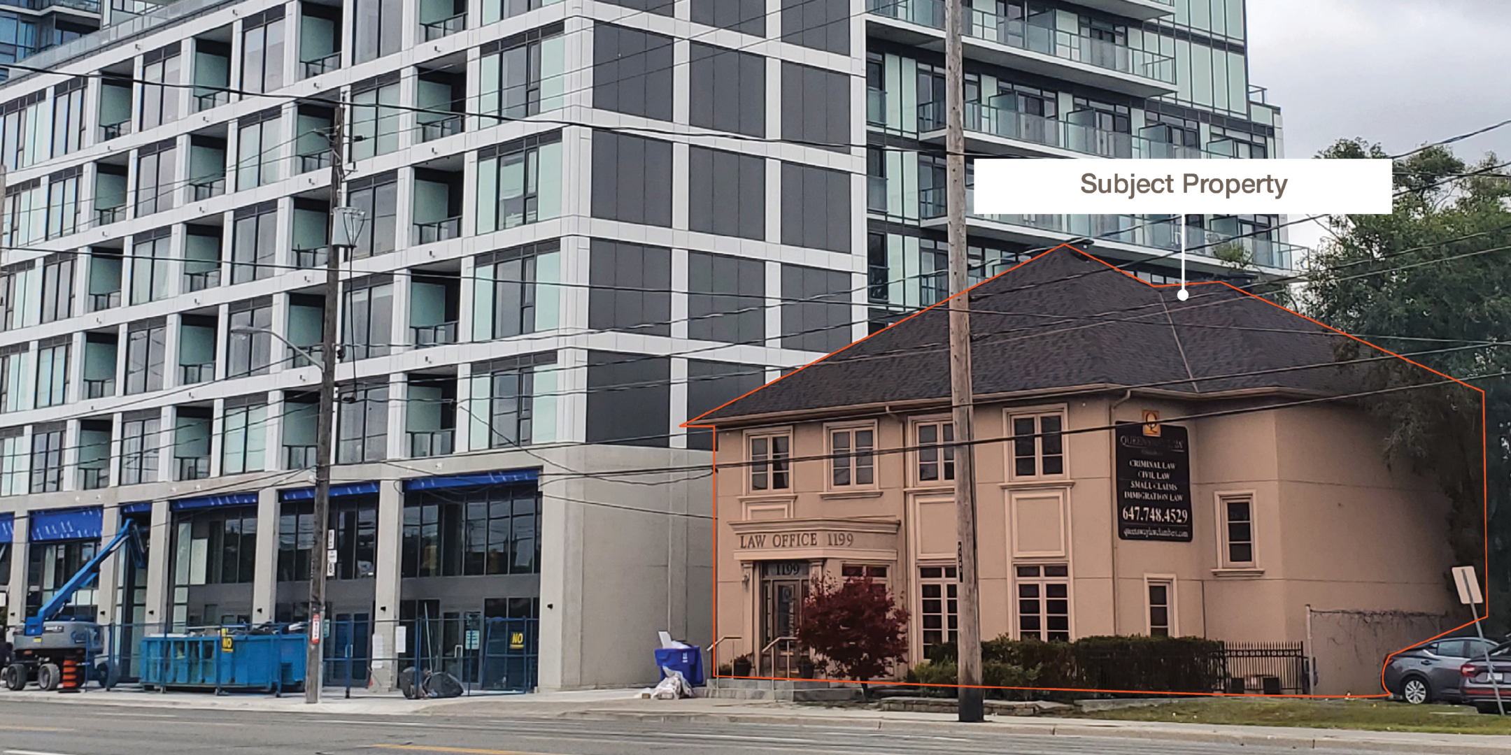 1199 The Queensway Building Highlighted Next to New Res Development