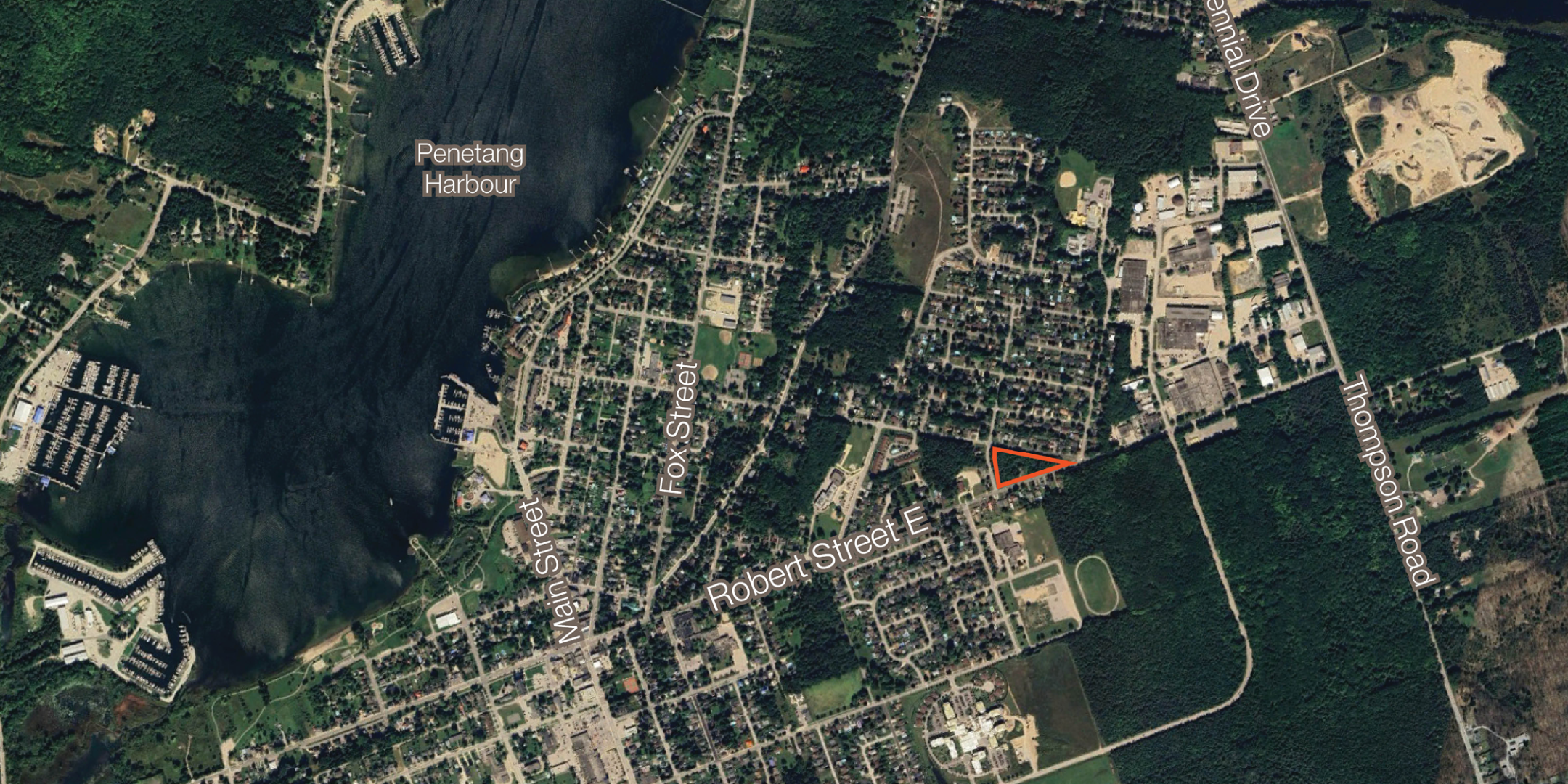 Google Earth Aerial of Penetanguishene with Land Parcel outlined in orange