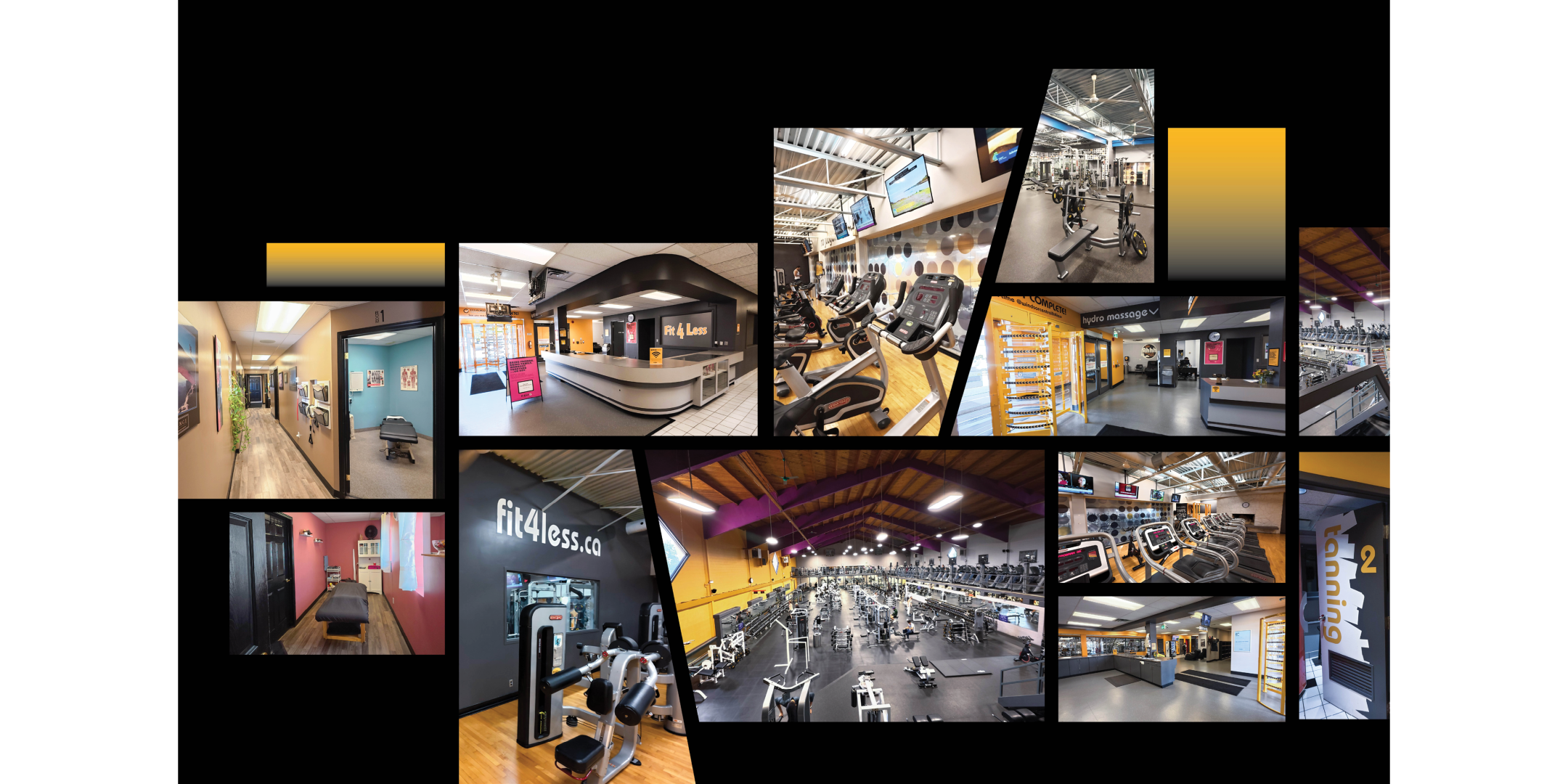 Collage of interior photos with fitness equipment