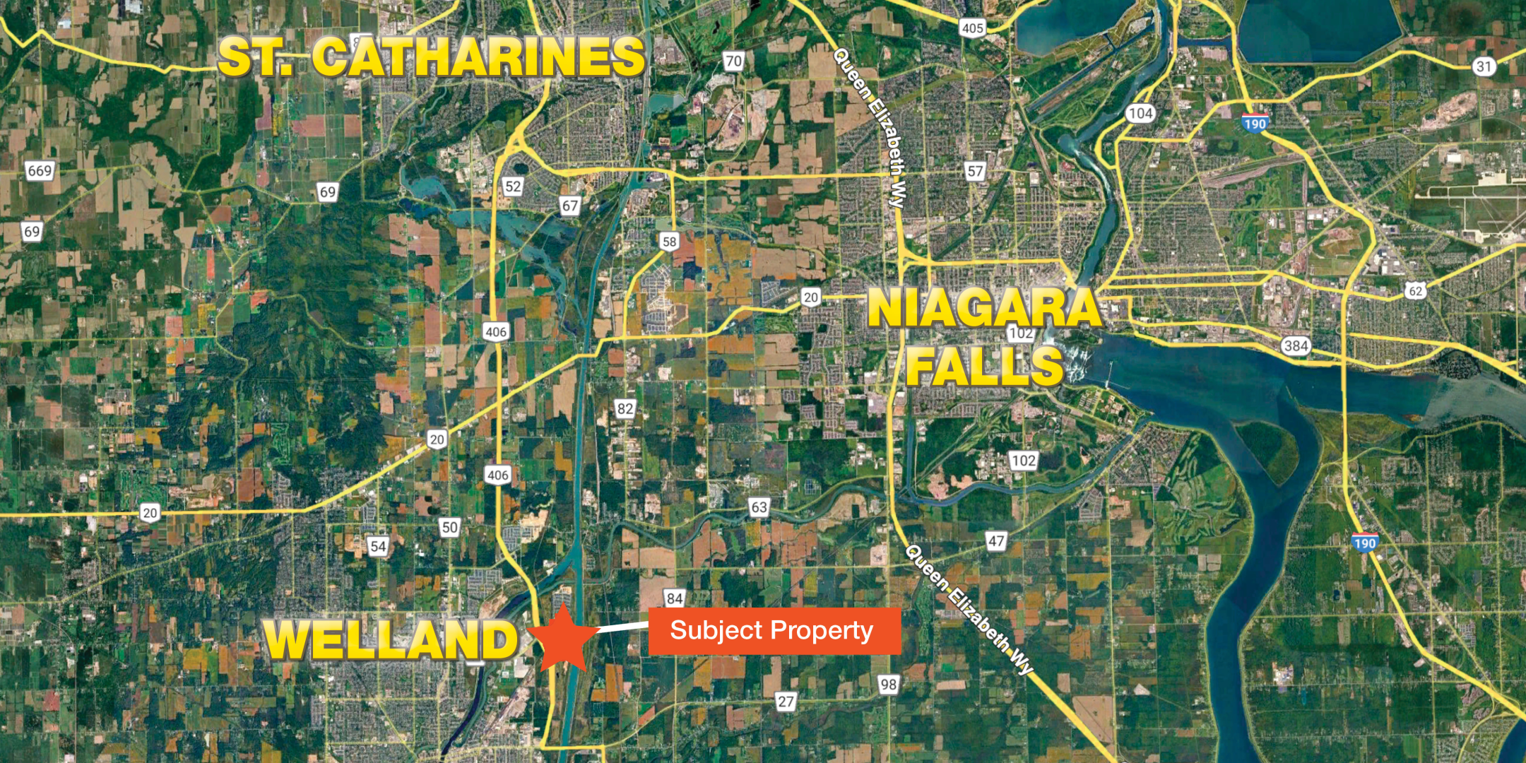 Aerial map of Welland, Niagara Falls and St Catharines