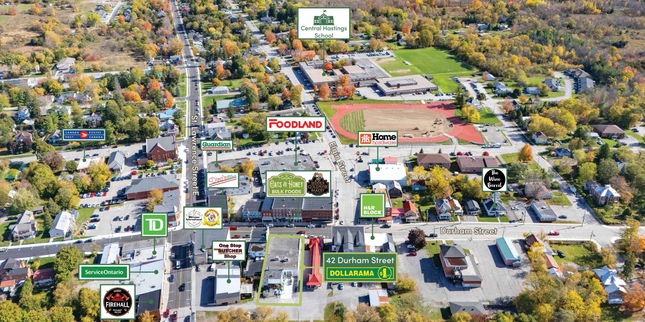 Aerial view of Madoc, with amenities highlighted