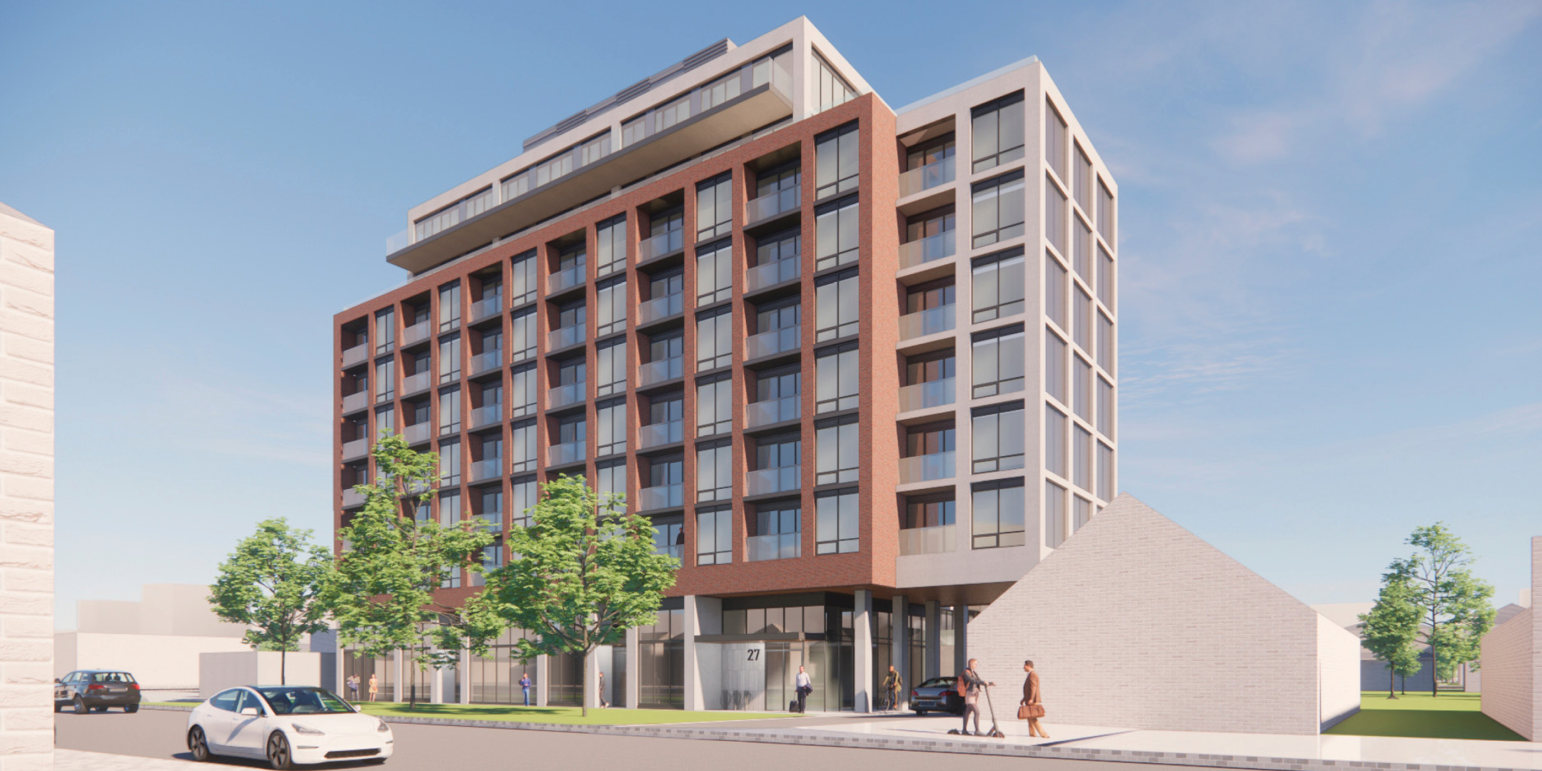 Rendering of potential mixed use building approved at the site
