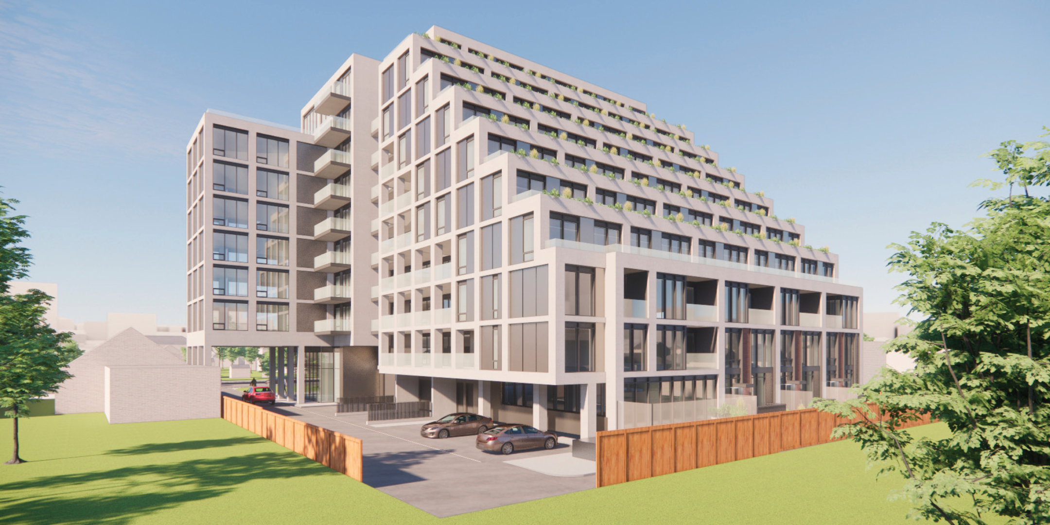 Rendering of potential mixed use building approved at the site